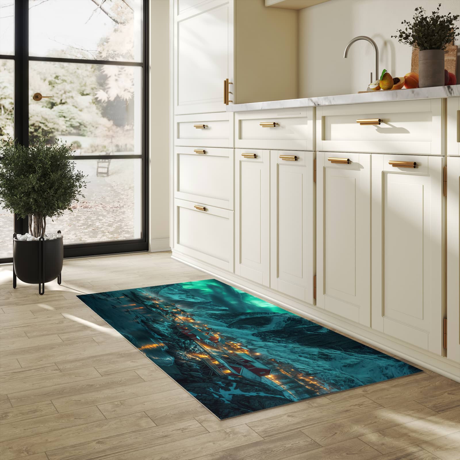 Hygienischer Küchenteppich mit Motiv Nordlichter über Fjord in heller Küche