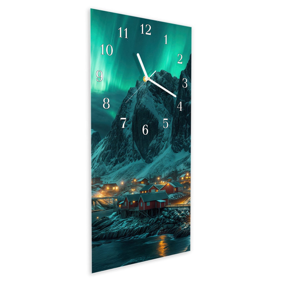 Vormontiert – mit Schwebeeffekt – Wanduhr Nordlichter über Fjord aus Glas – Hochformat 30 × 60 cm