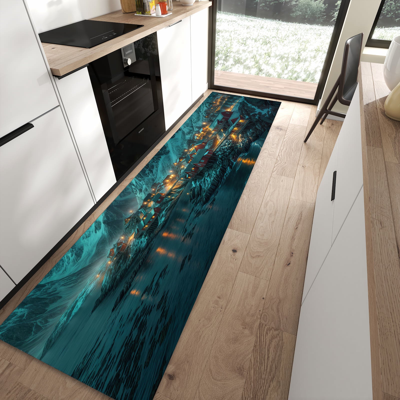 Waschbarer Küchenläufer mit Motiv Nordlichter über Fjord in moderner Küche