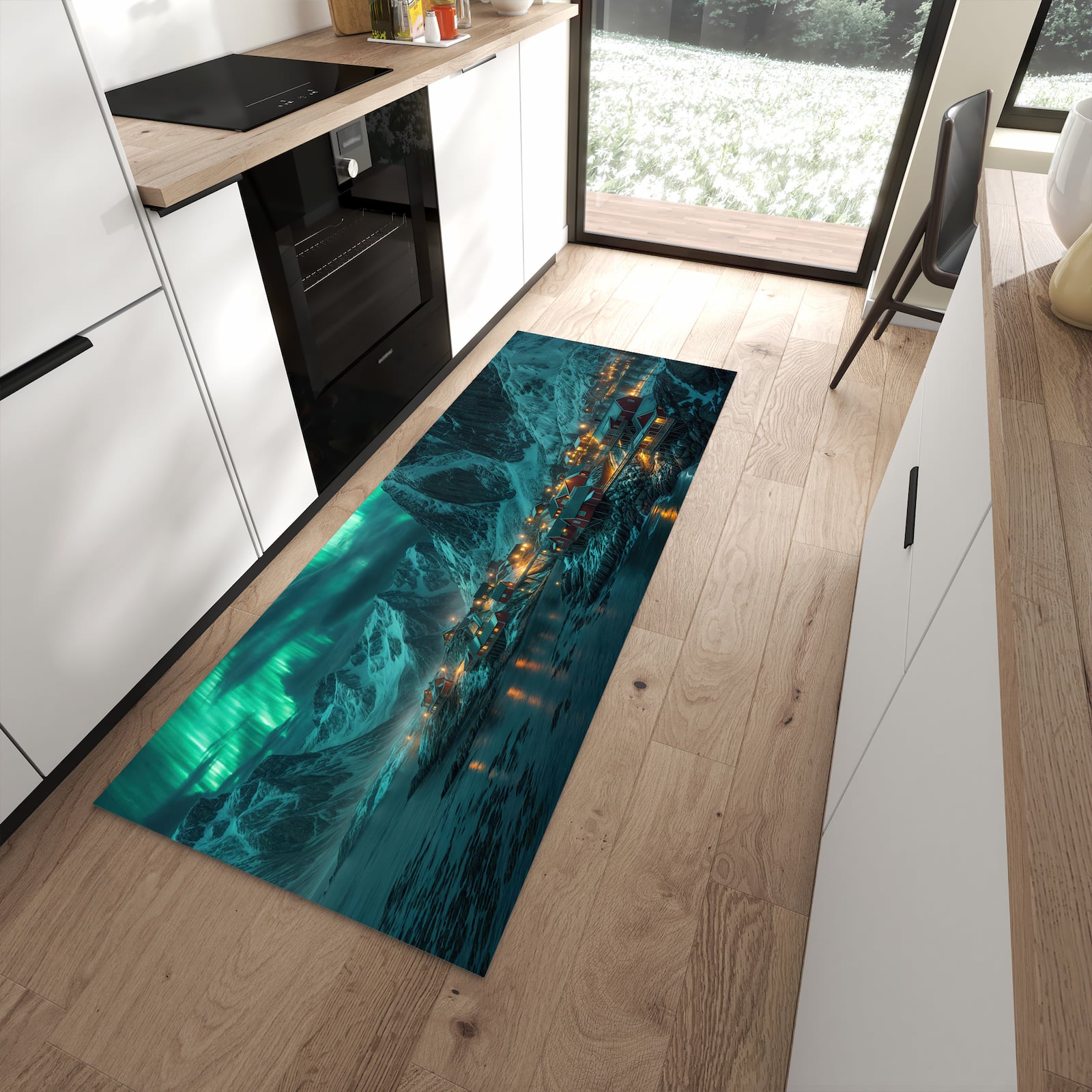 Küchenteppich mit Motiv Nordlichter über Fjord für angenehme Haptik in moderner Küche