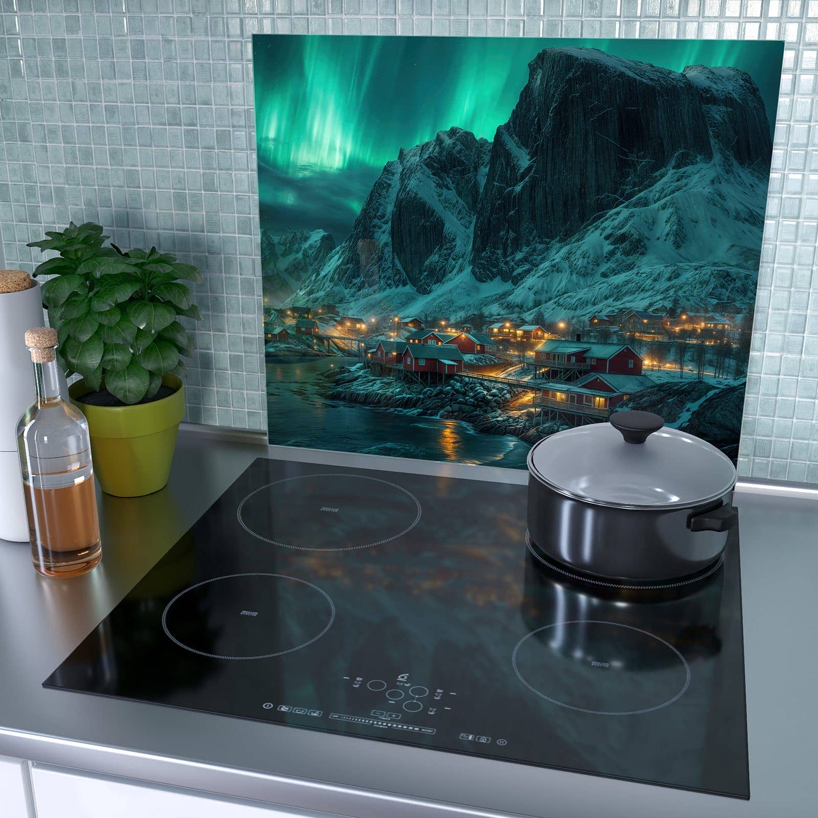 1-teilige Herdabdeckplatte mit Nordlichter über Fjord-Motiv als Spritzschutz hinter dem Kochfeld