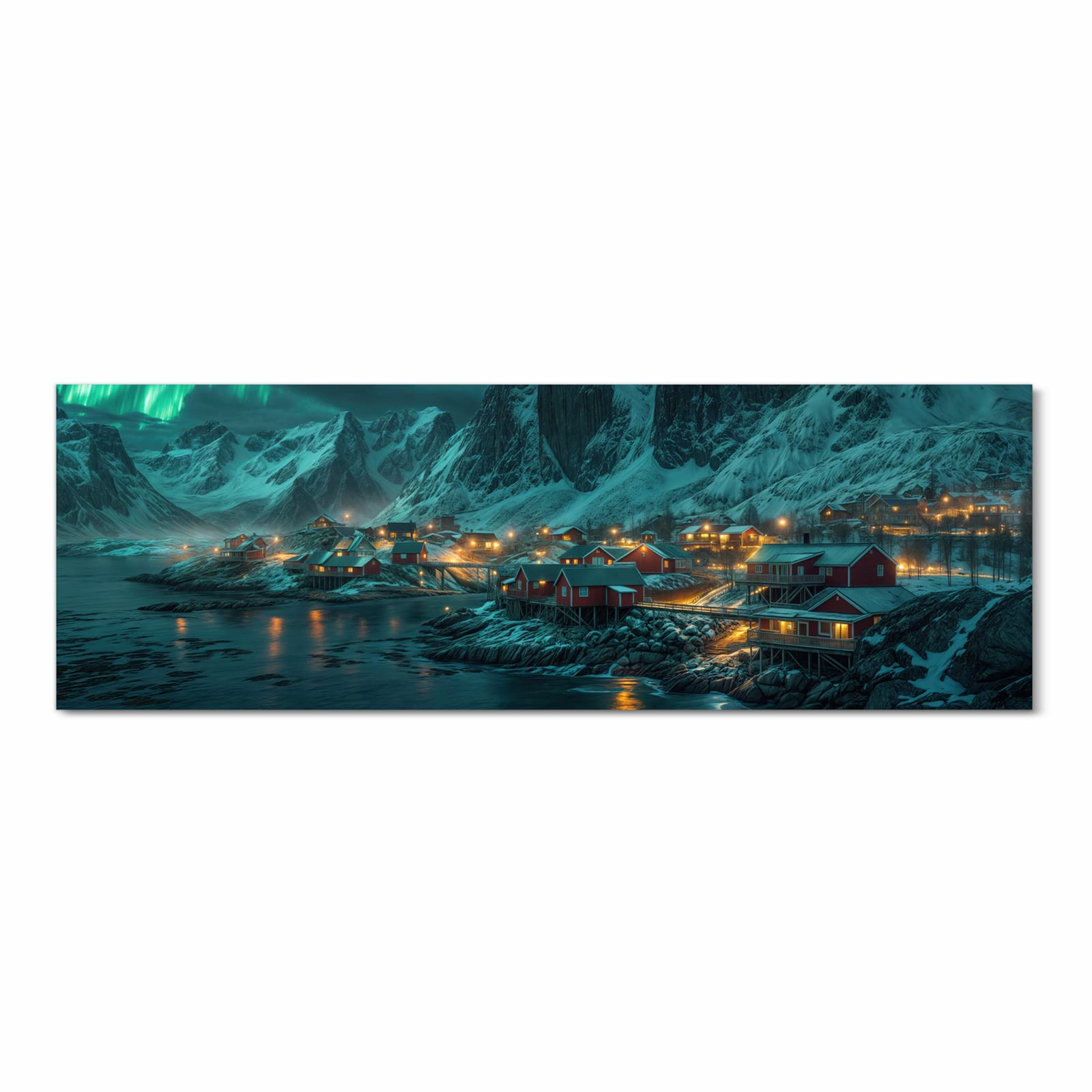 Farbbeständiger Küchenteppich mit Motiv Nordlichter über Fjord in Frontansicht