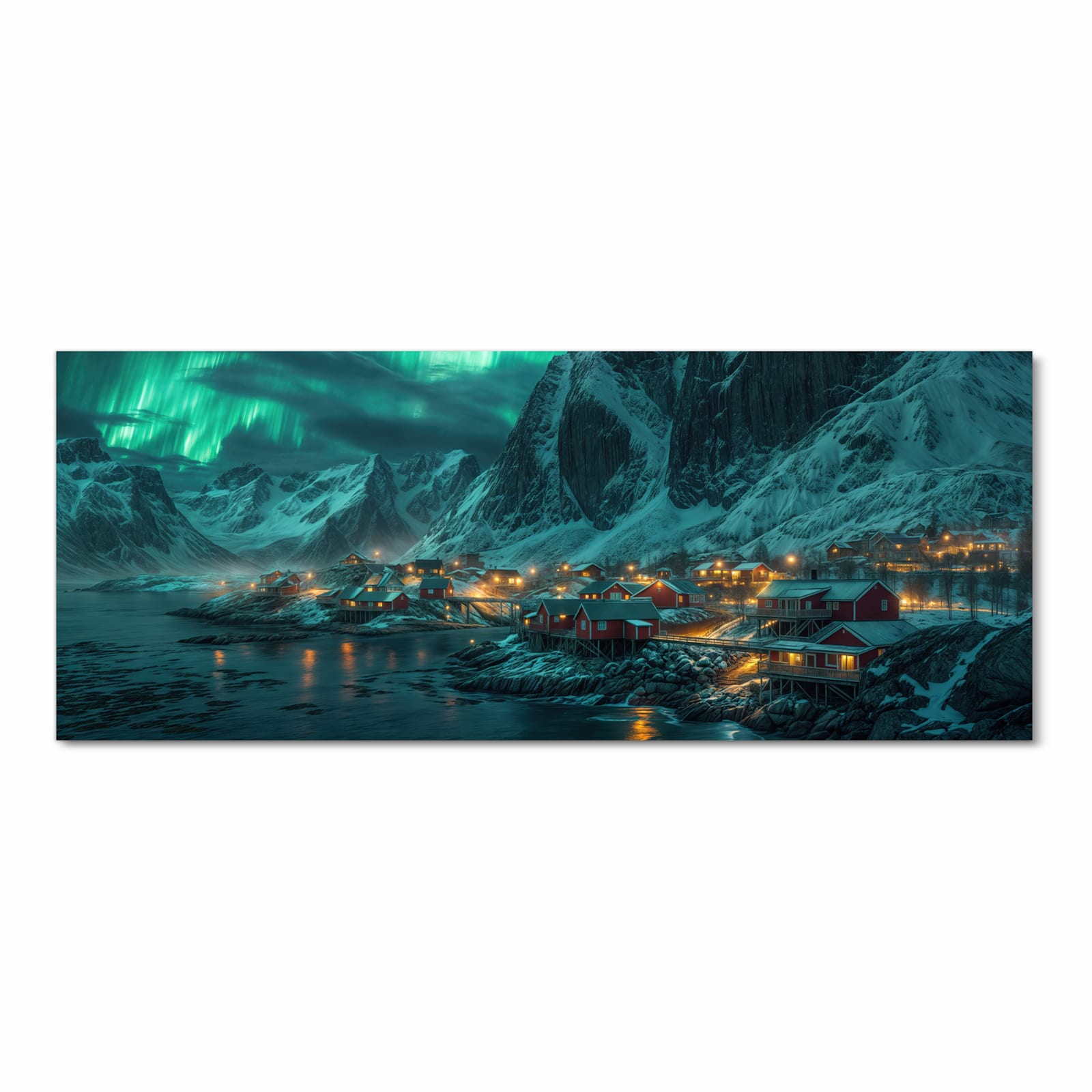 Bodenschonender abwaschbarer Küchenteppich mit Motiv Nordlichter über Fjord in Frontansicht