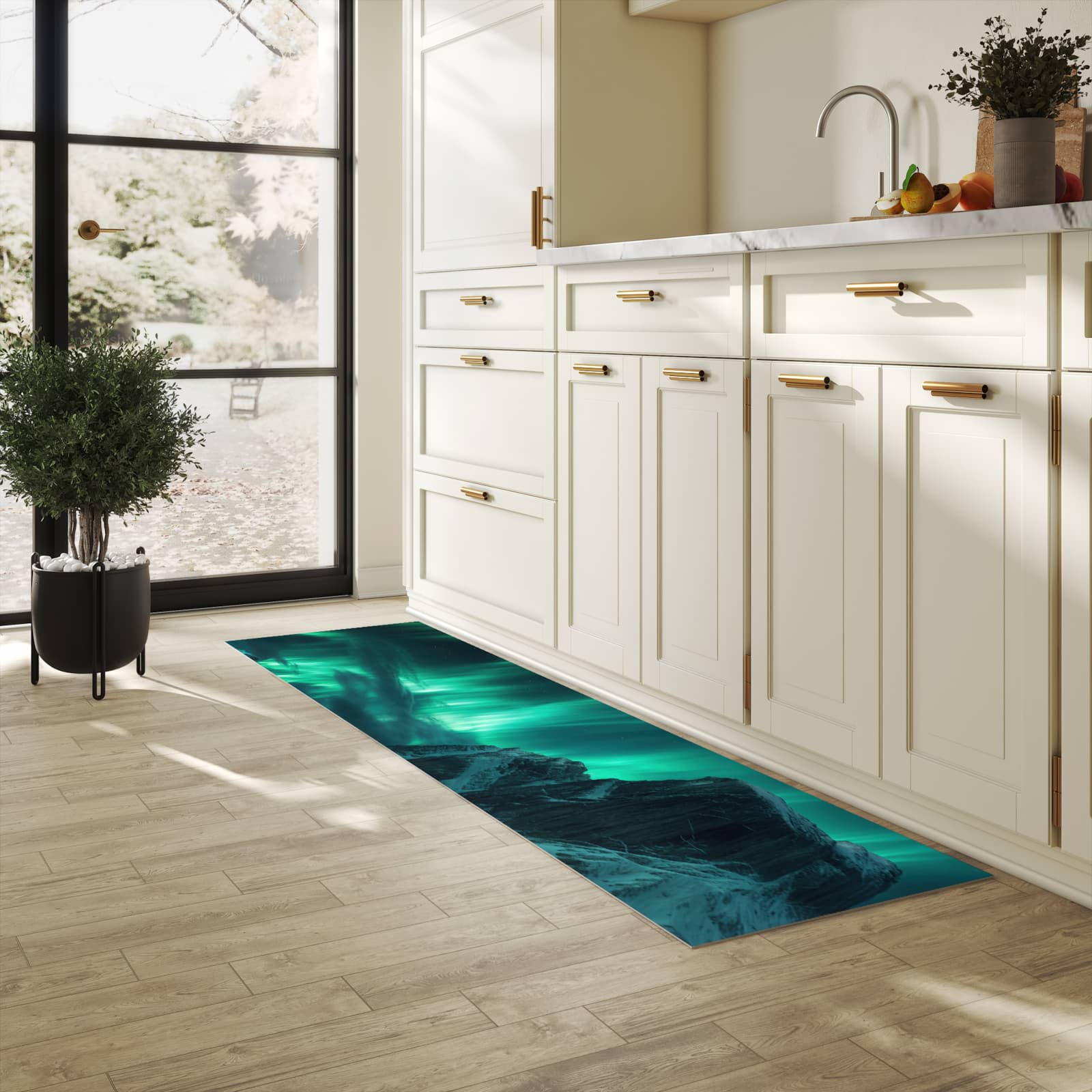 Geruchsneutraler rutschfester Küchenläufer mit Motiv Nordlichter über Fjord in heller Küche