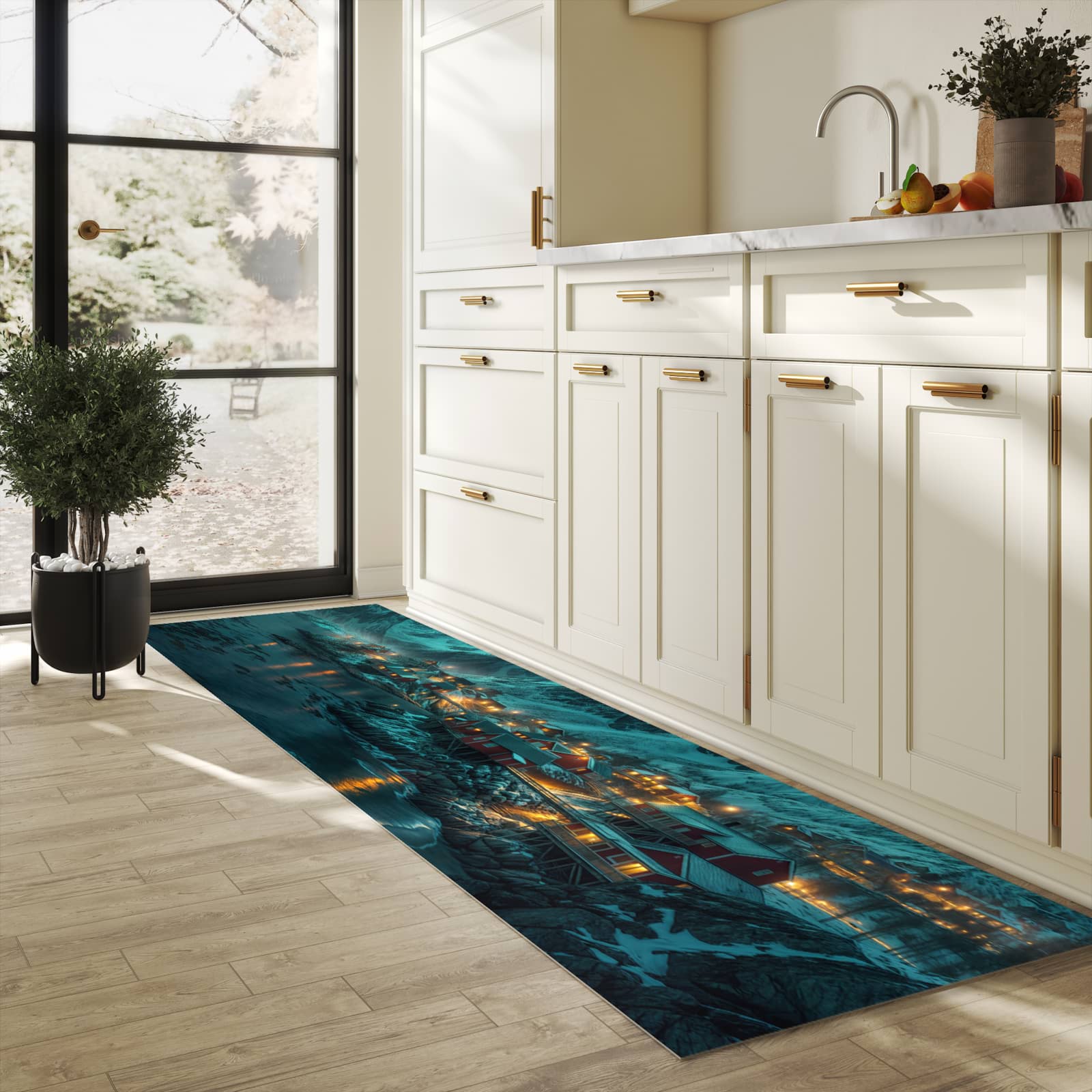 Komfortabler Küchenläufer mit Motiv Nordlichter über Fjord in heller Küche