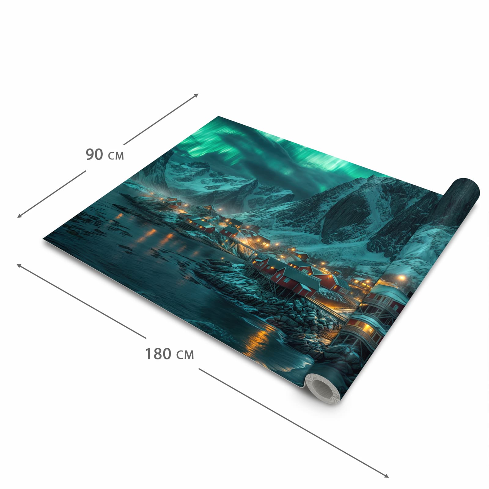 Bodenschonender Küchenteppich mit Motiv Nordlichter über Fjord in der Grösse 80x280 cm