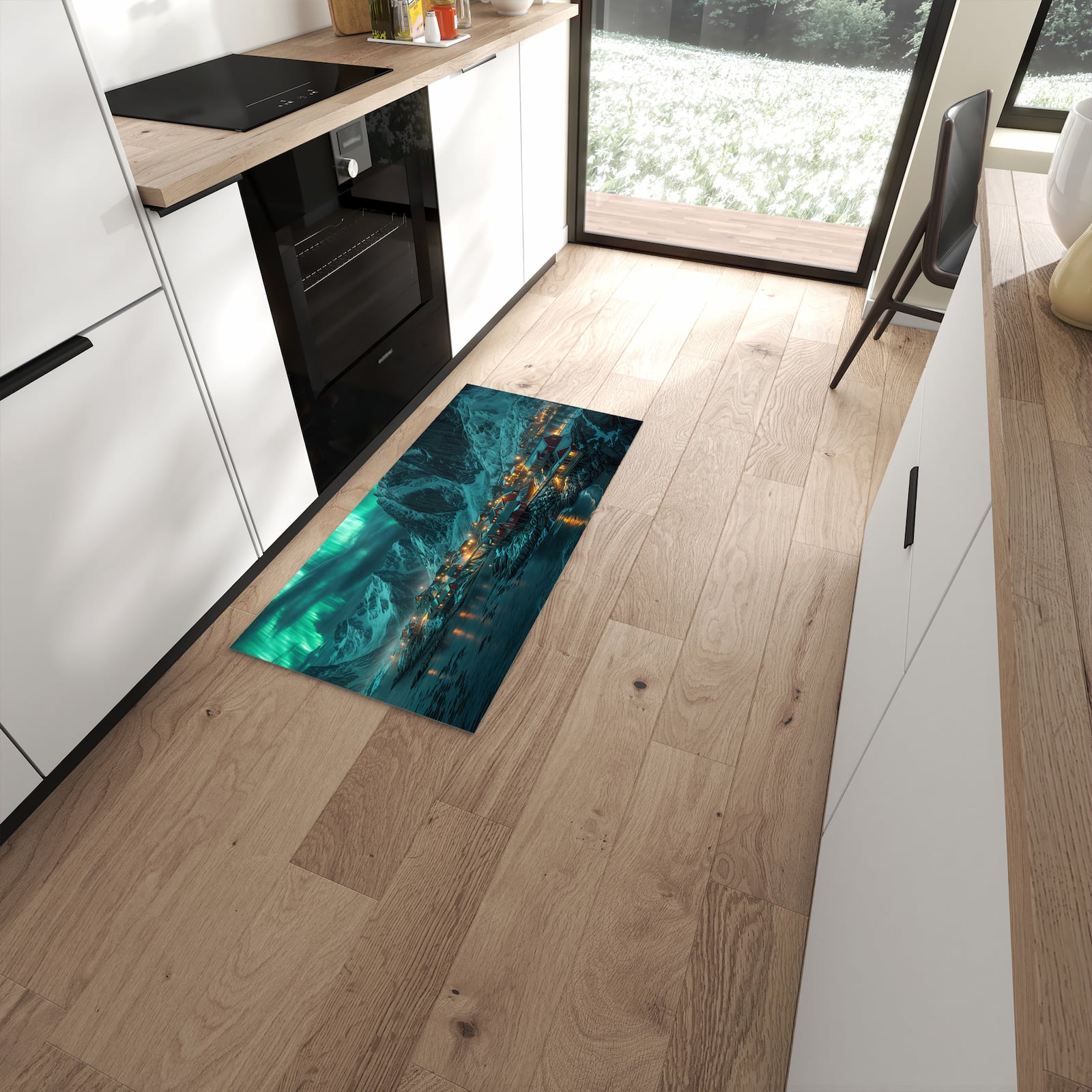 Geruchsneutraler abwaschbarer Küchenteppich mit Motiv Nordlichter über Fjord in moderner Küche #grösse_60 x 120 cm