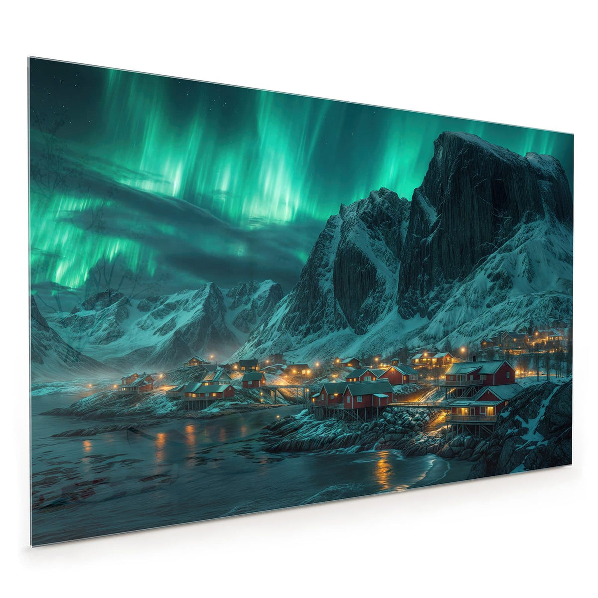 Küchenrückwand aus Glas im Hochformat mit Motiv Nordlichter über Fjord