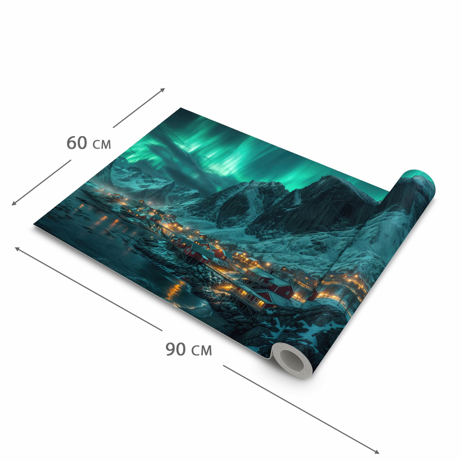 Langlebiger Teppich für Küche mit Motiv Nordlichter über Fjord in der Grösse 80x280 cm