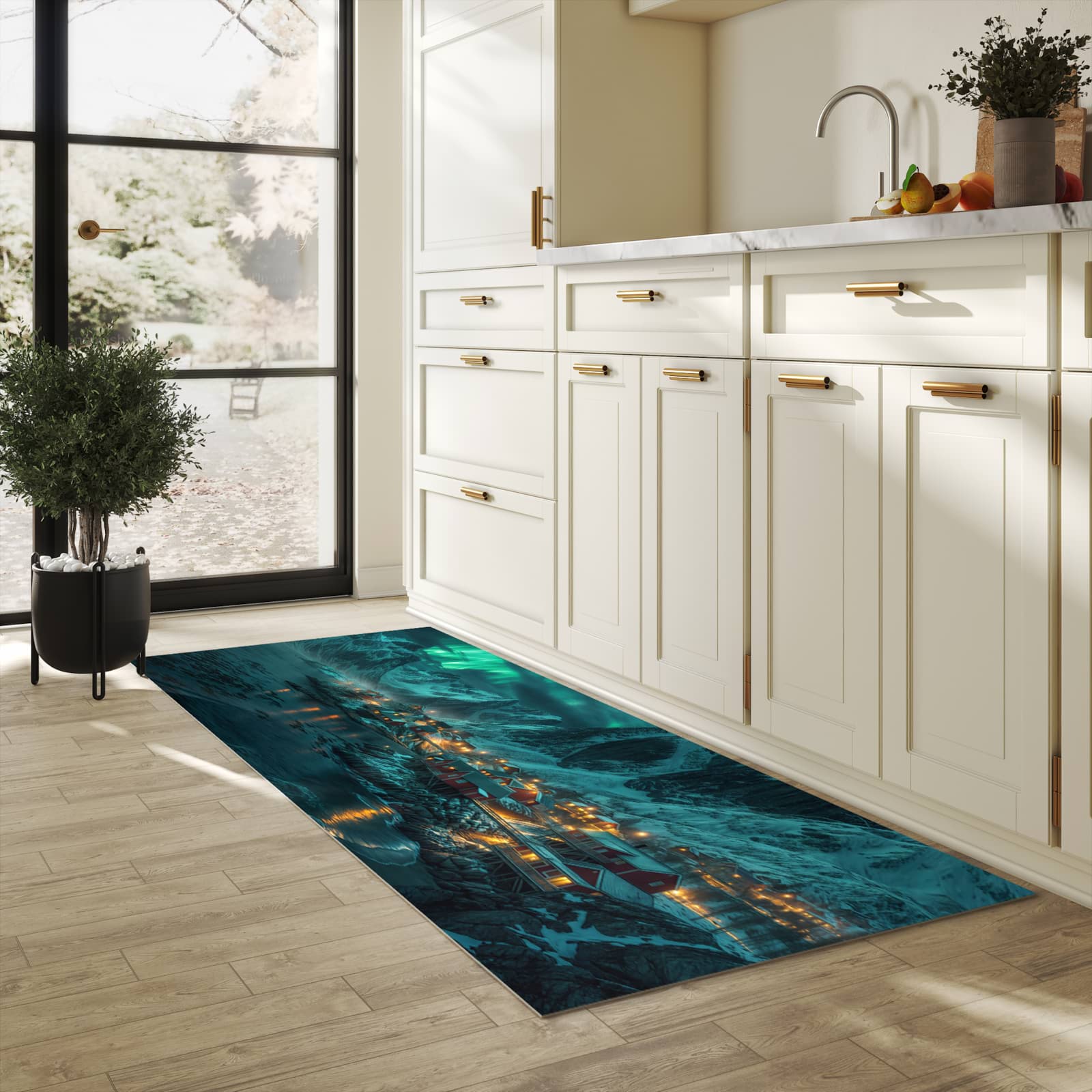 Strapazierfähiger Küchenteppich mit Motiv Nordlichter über Fjord in heller Küche