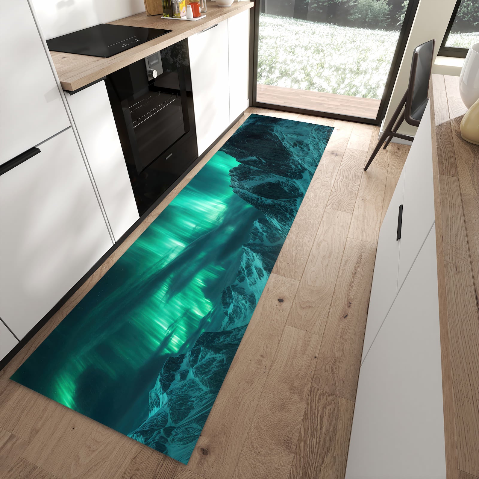 Strapazierfähiger Läufer für die Küche mit Motiv Nordlichter über Fjord in moderner Küche