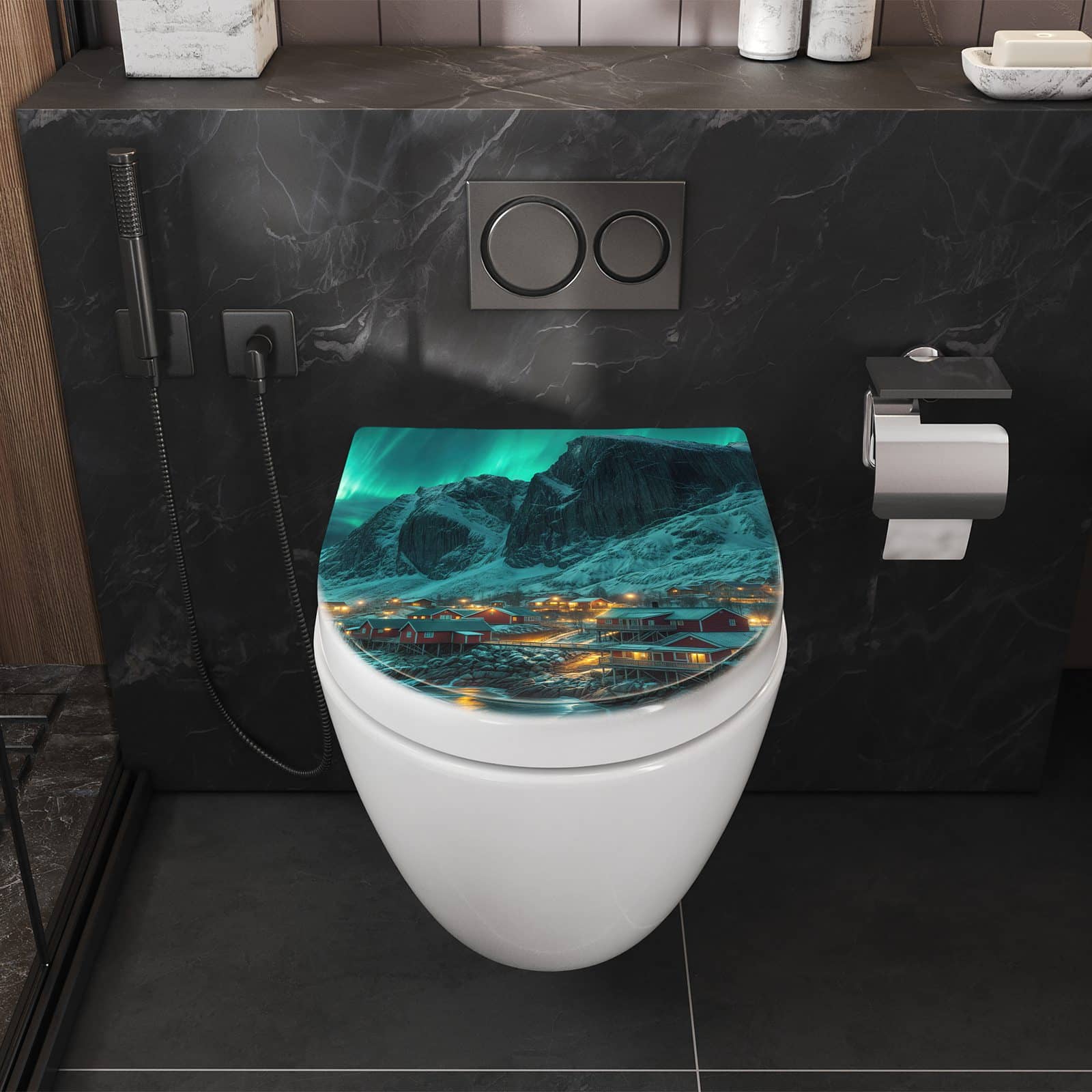 WC-Sitz mit Absenkautomatik Nordlichter über Fjord