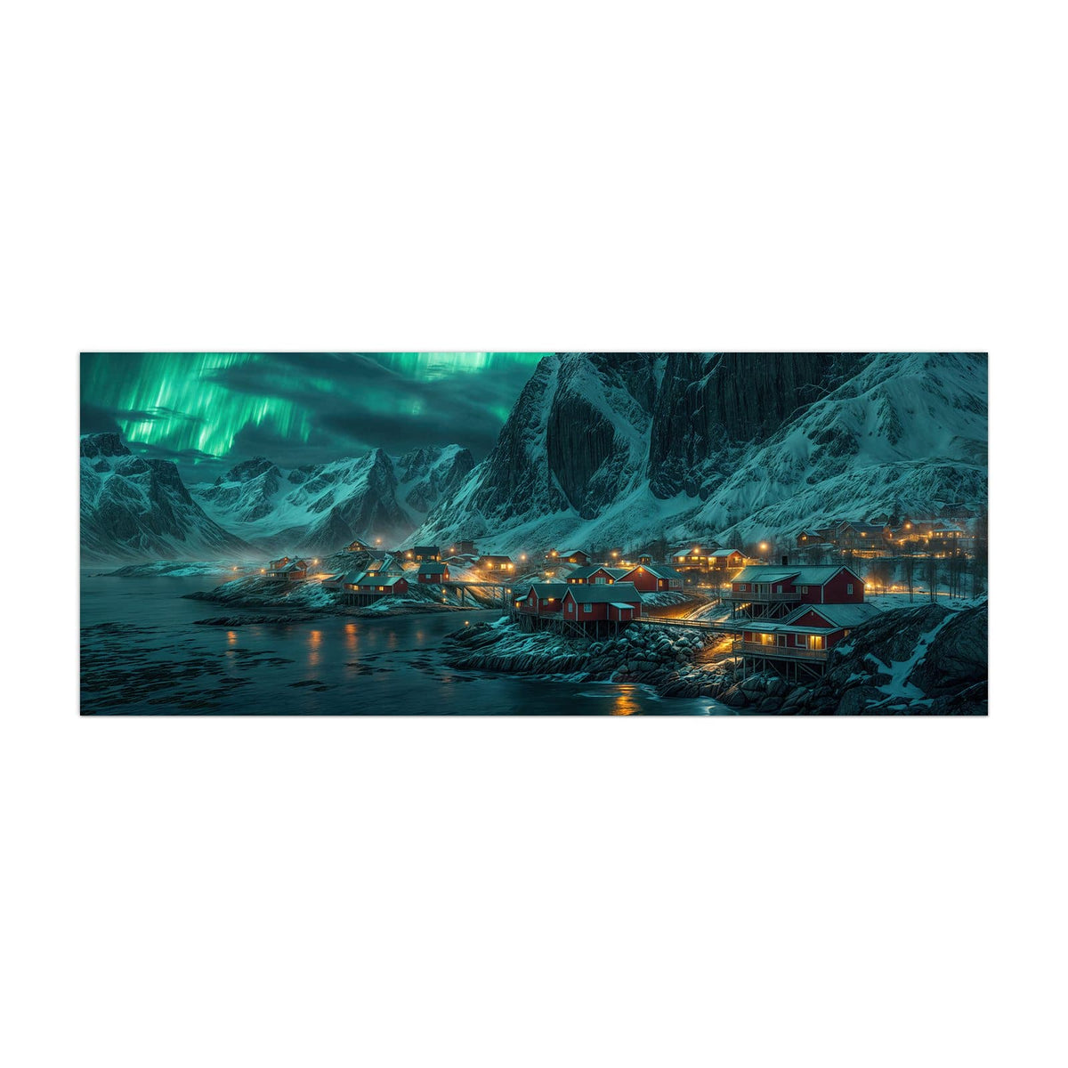 Küchenrückwand aus Glas Nordlichter über Fjord im Hochformat, Motiv bildfüllend von vorn