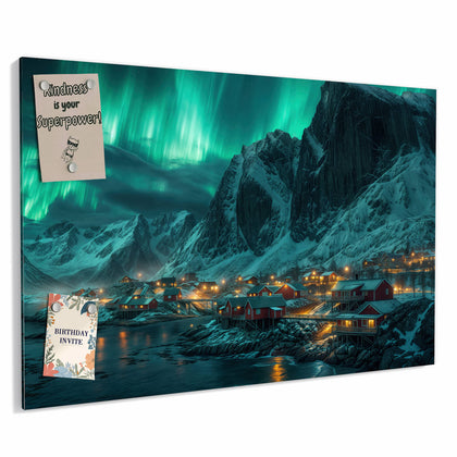 Metall Magnettafel mit dem Motiv Nordlichter über Fjord