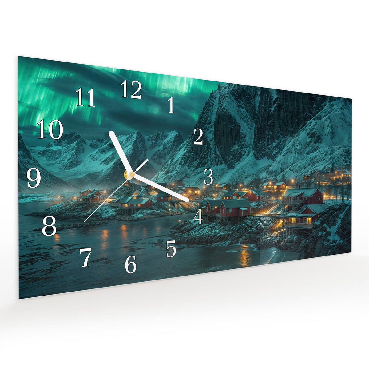 Vormontiert – mit Schwebeeffekt – Wanduhr Nordlichter über Fjord aus Glas – Querformat 60 × 30 cm