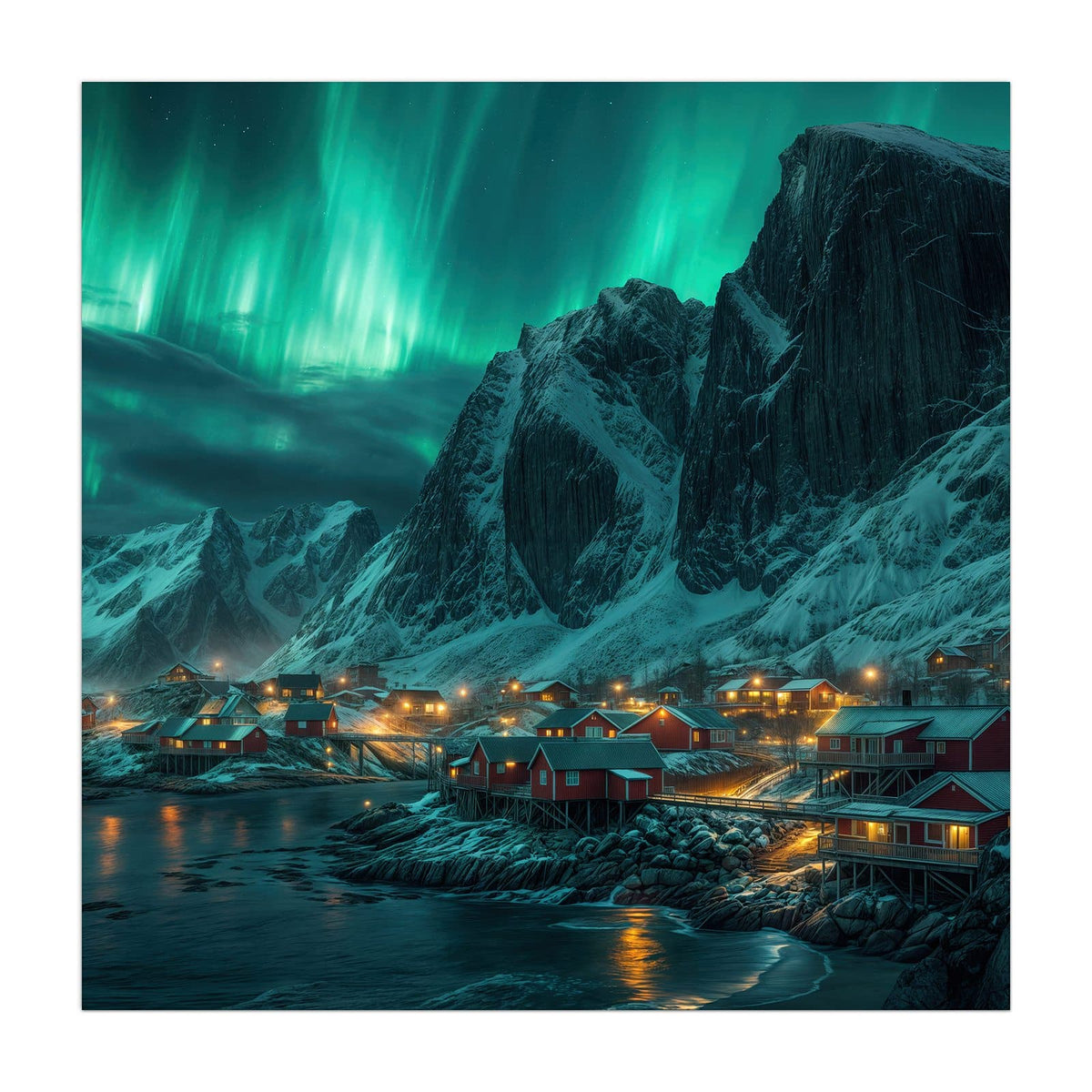 Küchenrückwand aus Glas Nordlichter über Fjord im quadratischen Format, Motiv bildfüllend von vorn