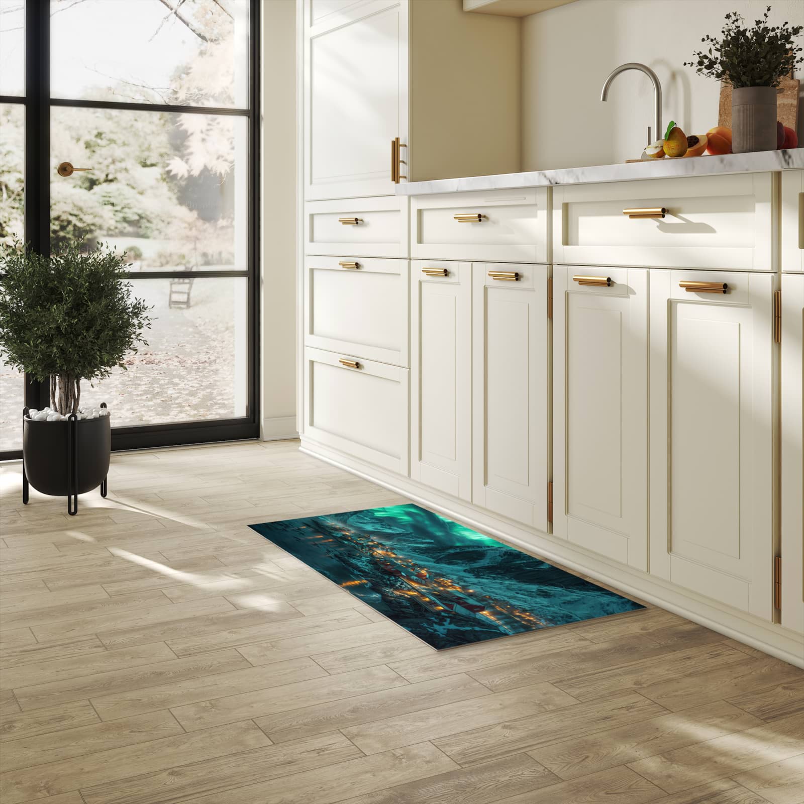 Wasserabweisender rutschfester Küchenläufer mit Motiv Nordlichter über Fjord in heller Küche
