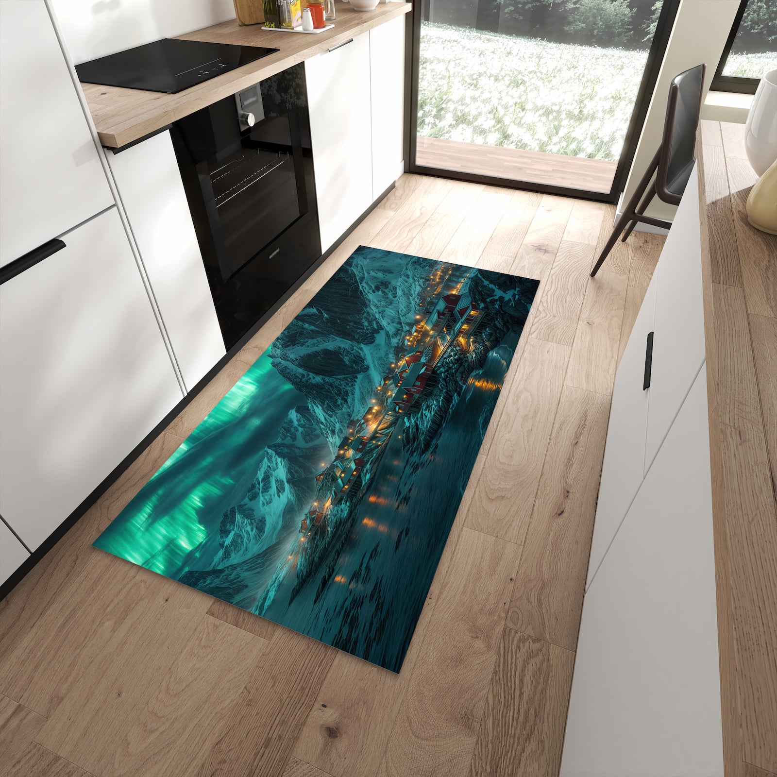 Langlebiger Küchenläufer mit Motiv Nordlichter über Fjord in moderner Küche