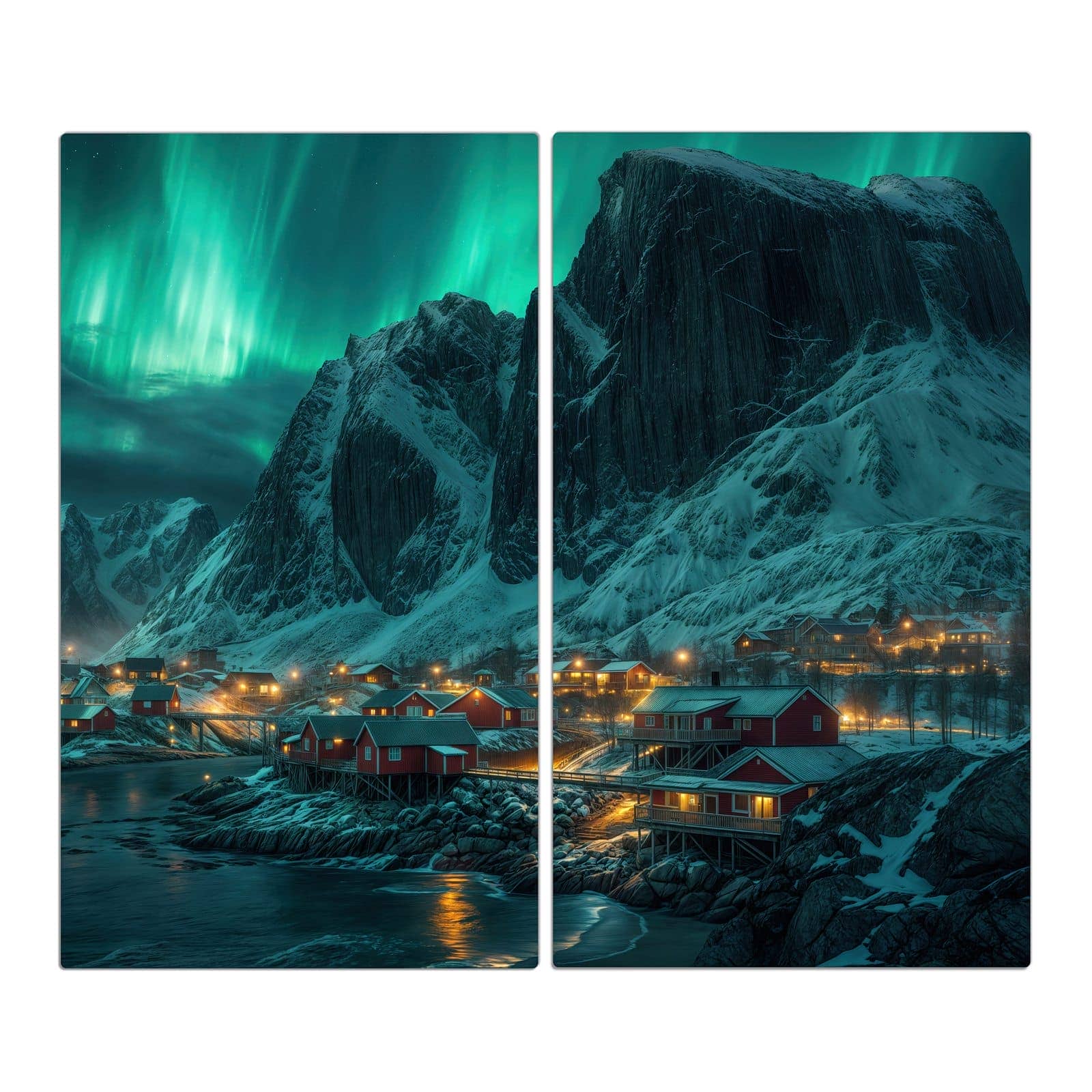 2-teilige Herdabdeckplatte mit Nordlichter über Fjord-Motiv in der Frontansicht