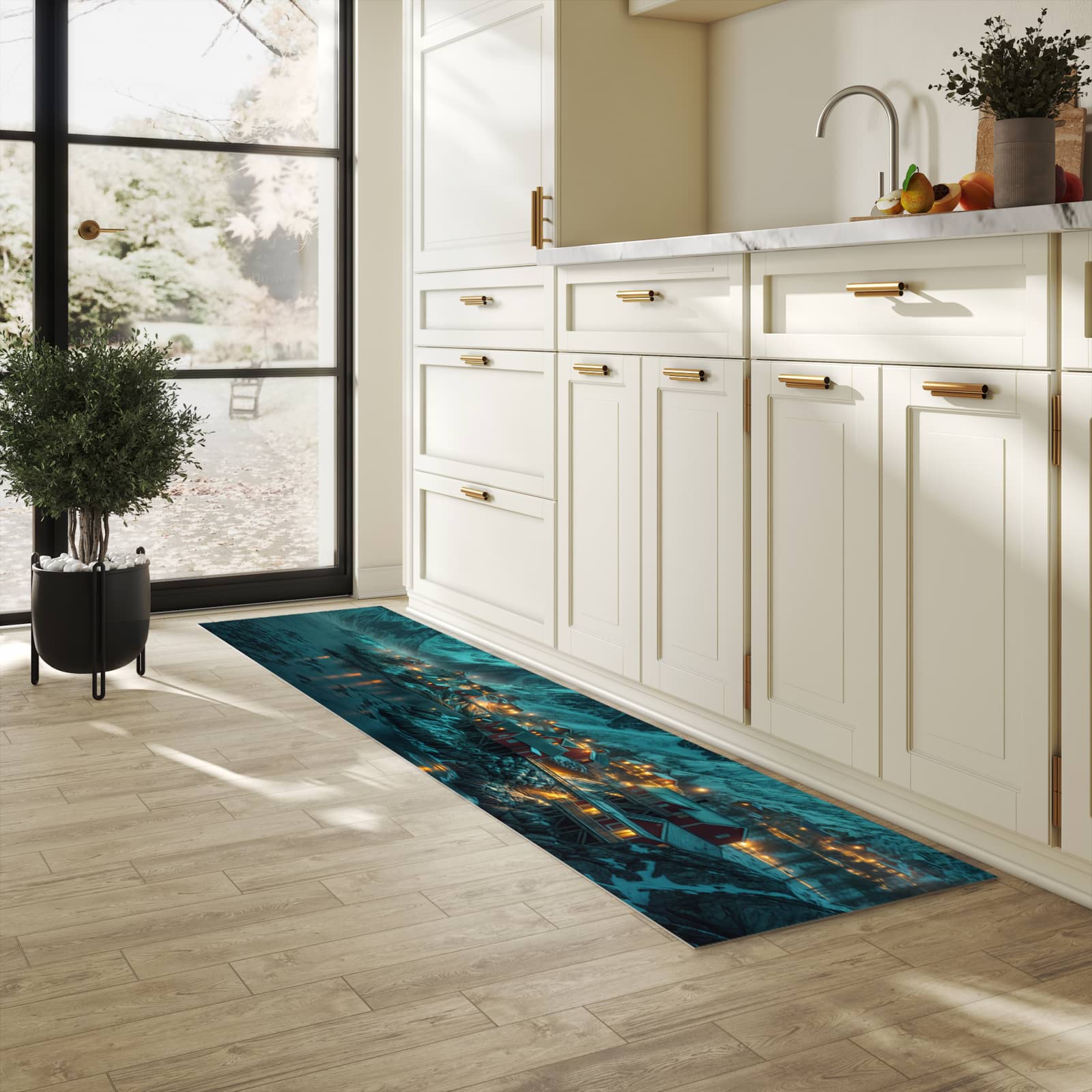 Langlebiger Küchenläufer mit Motiv Nordlichter über Fjord in heller Küche