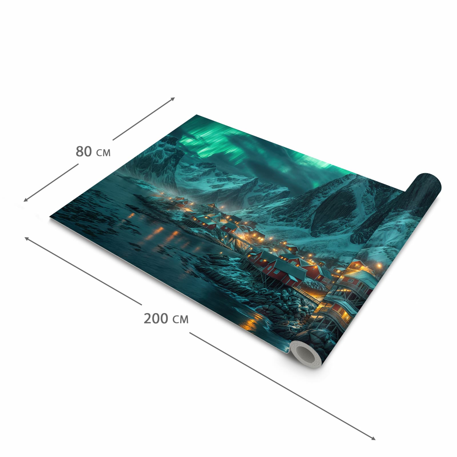 Rutschfester Küchenteppich mit Motiv Nordlichter über Fjord in der Grösse 80x280 cm