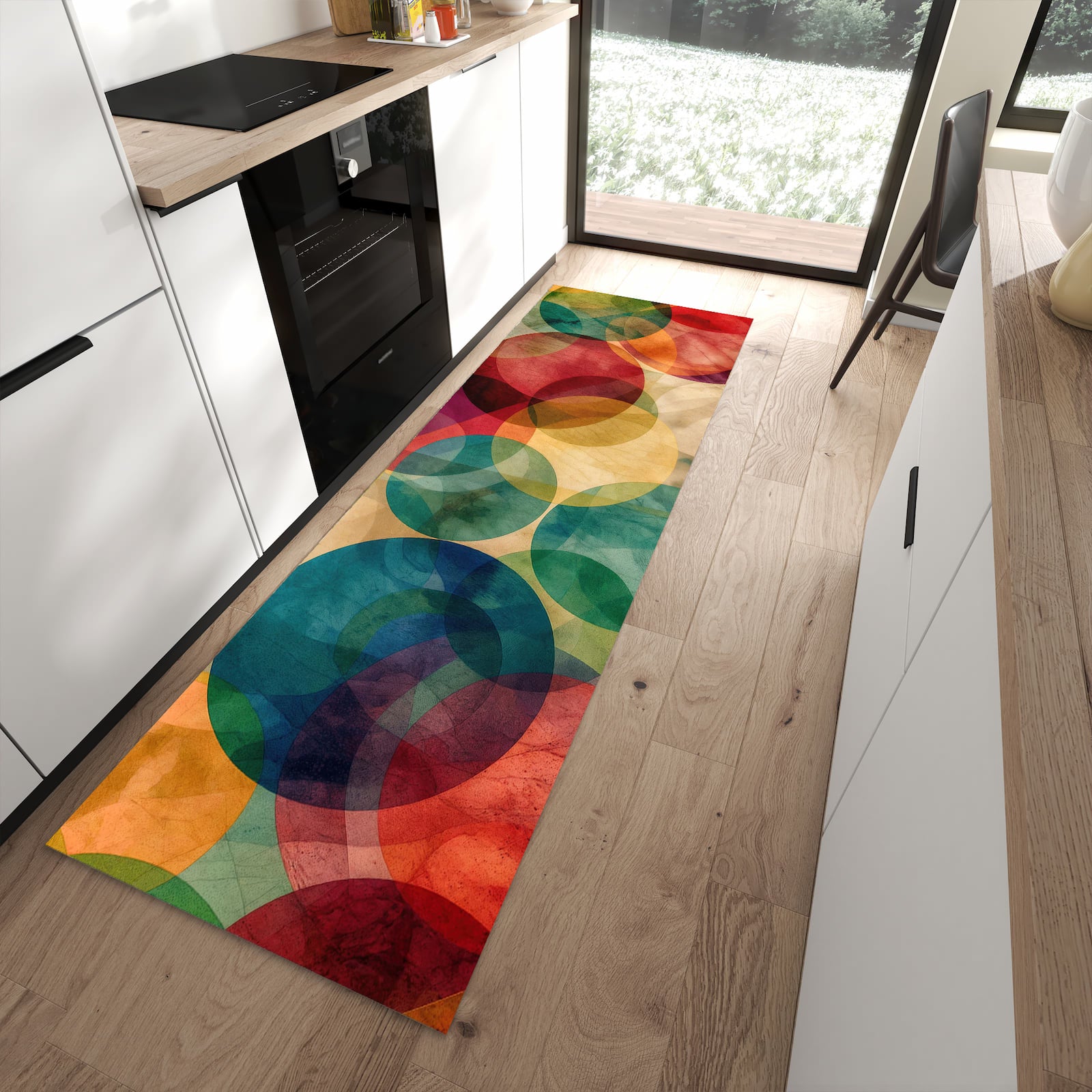UV-beständiger Küchenläufer mit Motiv Farbenfrohe Kreise in moderner Küche