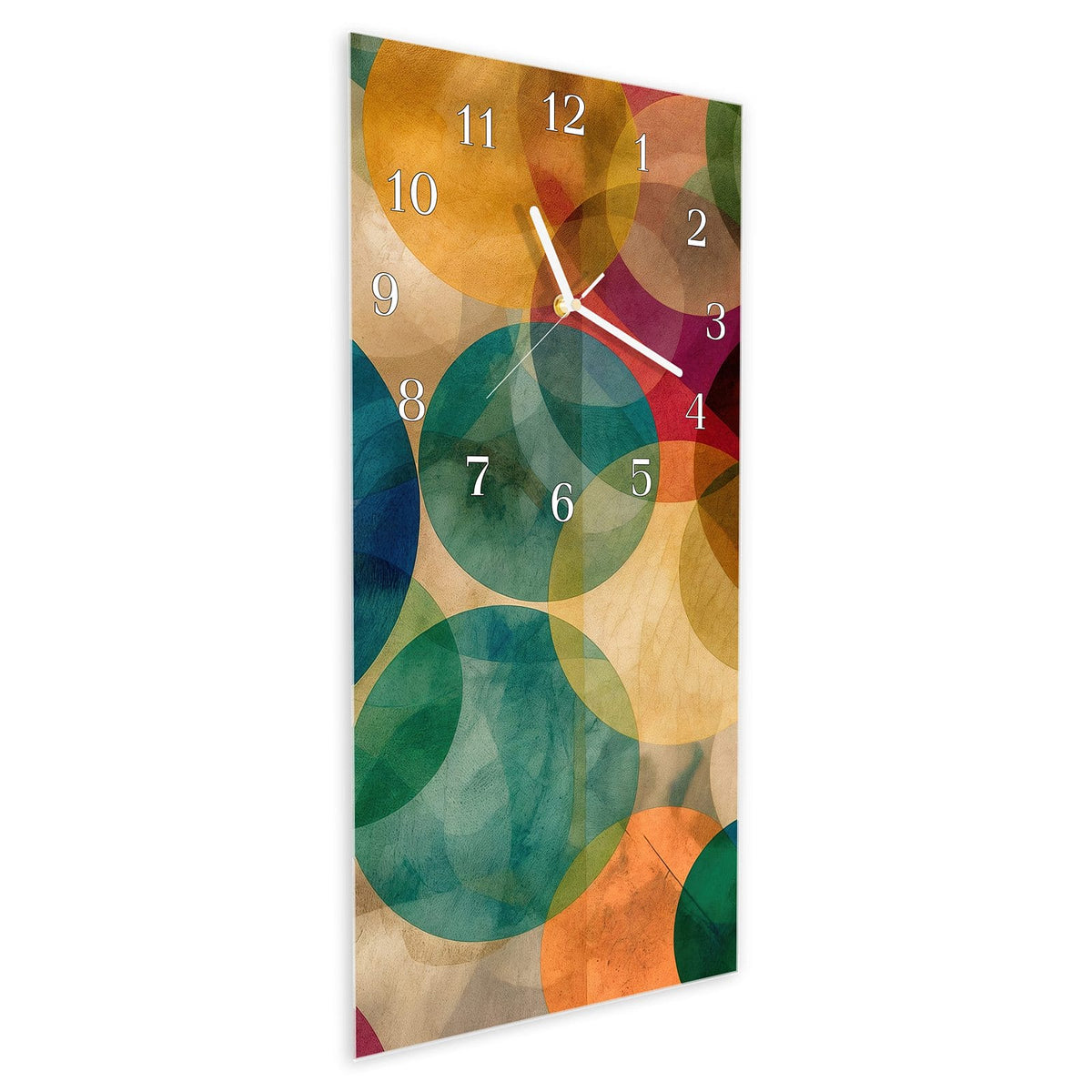 Vormontiert – mit Schwebeeffekt – Wanduhr Farbenfrohe Kreise aus Glas – Hochformat 30 × 60 cm