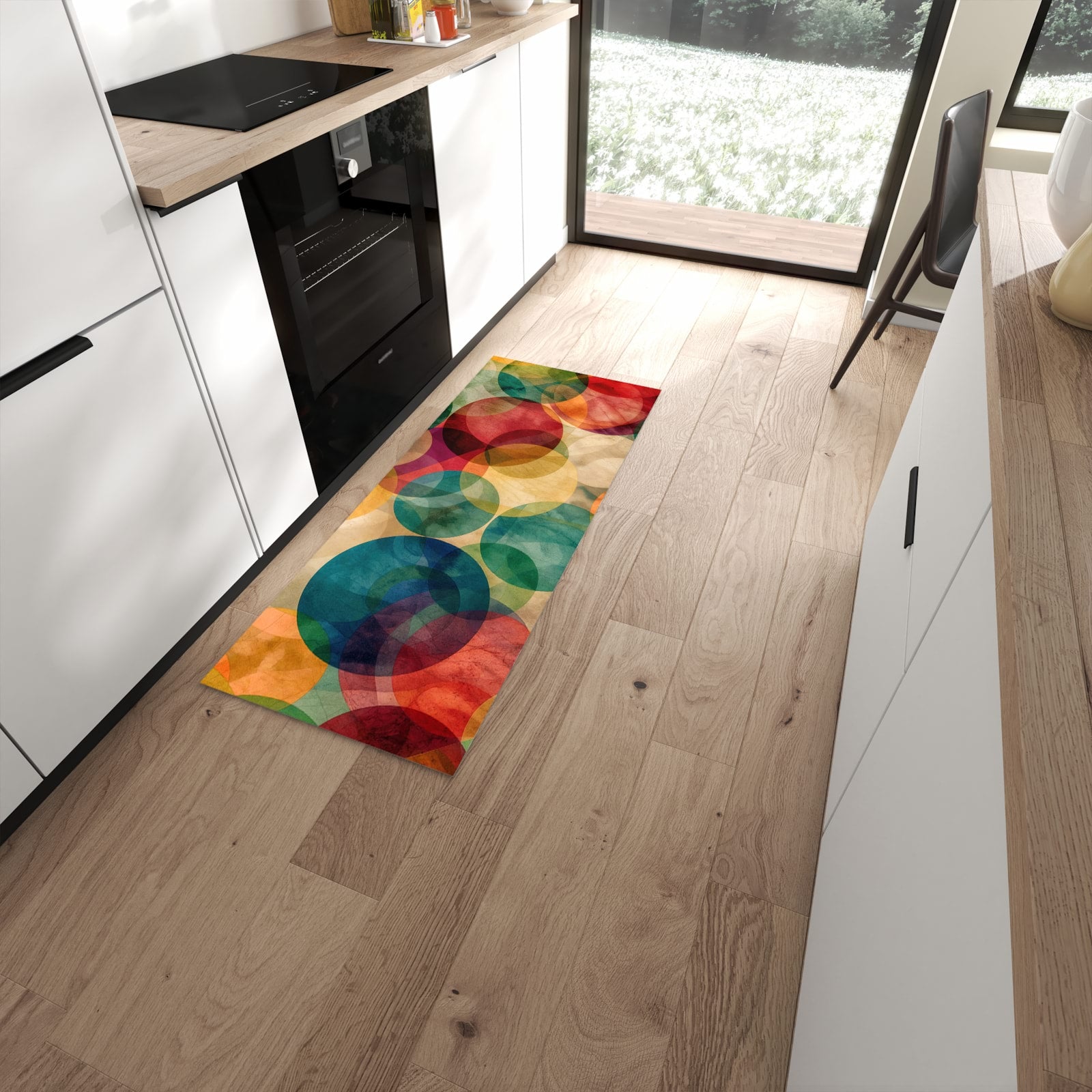 Bodenschonender Küchenläufer mit Motiv Farbenfrohe Kreise in moderner Küche #grösse_60 x 150 cm