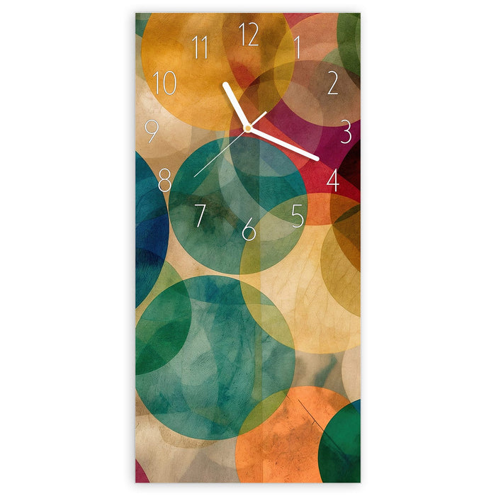 Wanduhr Farbenfrohe Kreise aus Glas – Hochformat 30 × 60 cm mit Ziffernblatt Elegant