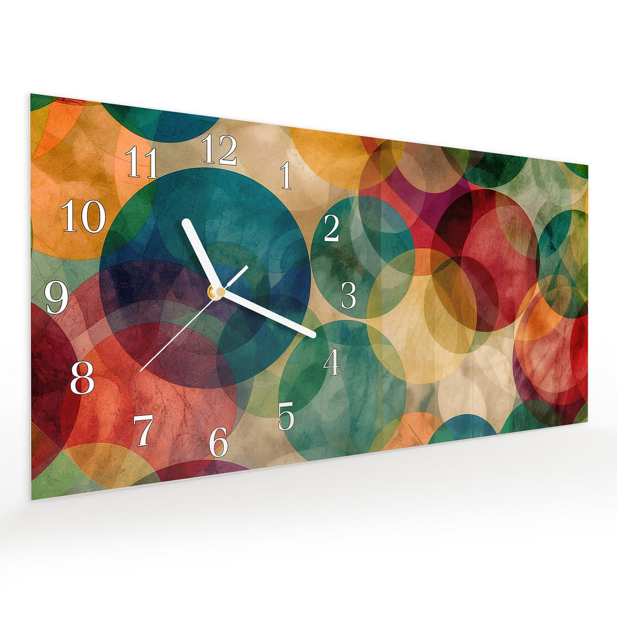Vormontiert – mit Schwebeeffekt – Wanduhr Farbenfrohe Kreise aus Glas – Querformat 60 × 30 cm
