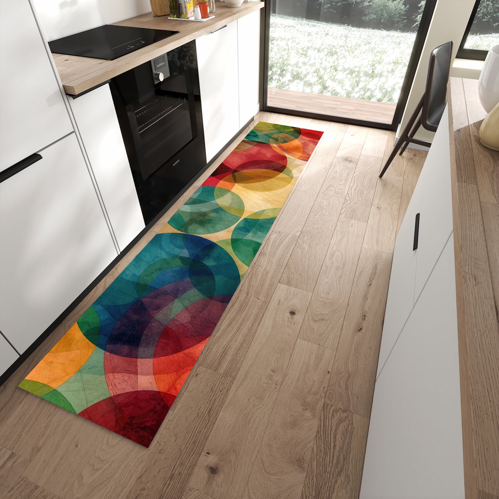 Rutschfester Küchenläufer mit Motiv Farbenfrohe Kreise für sicheren Stand in moderner Küche
