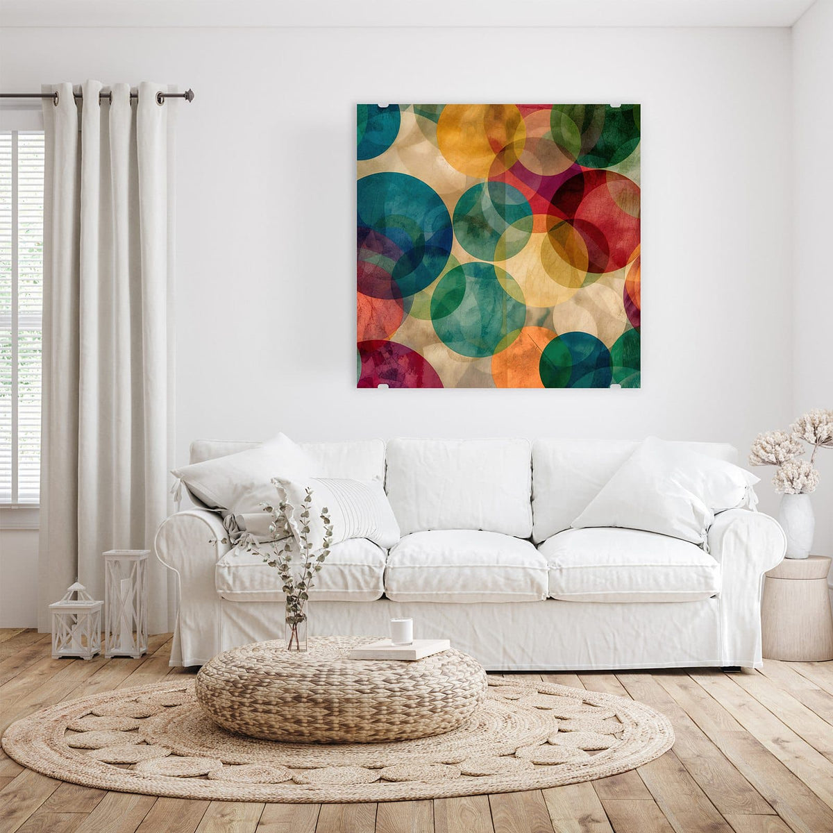 Glasbild Farbenfrohe Kreise an der Wand – Große, halbtransparent übereinanderliegende Kreise in Petrol, Rot, Gelb und Grün