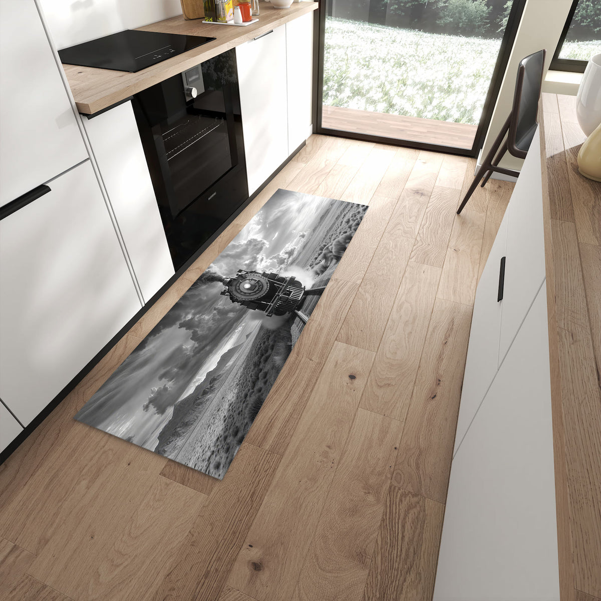 Flacher Küchenläufer mit Motiv Dampflok in Wüste in moderner Küche