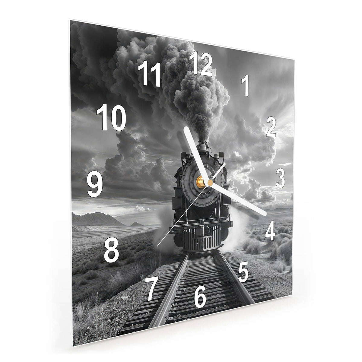 Quadratische Wanduhr aus Glas Dampflok unter Wolken schräg von der Seite, 4 mm starkes Glas