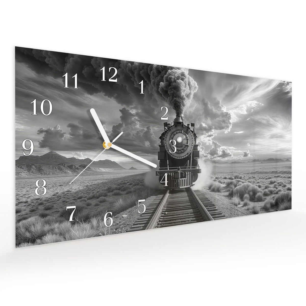 Vormontiert – mit Schwebeeffekt – Wanduhr Dampflok in Wüste aus Glas – Querformat 60 × 30 cm
