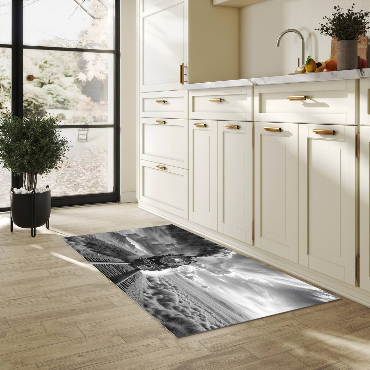 Waschbarer Bodenläufer Teppich mit Motiv Dampflok in Wüste in heller Küche