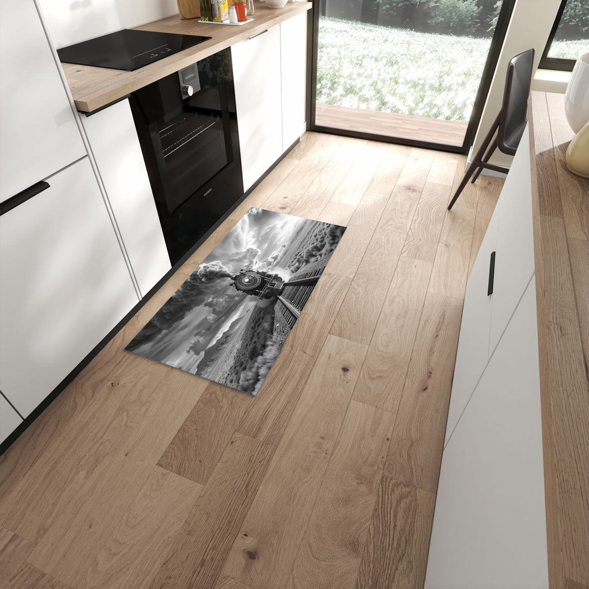 Geruchsneutraler Teppich in Küche mit Motiv Dampflok in Wüste in moderner Küche #grösse_60 x 120 cm