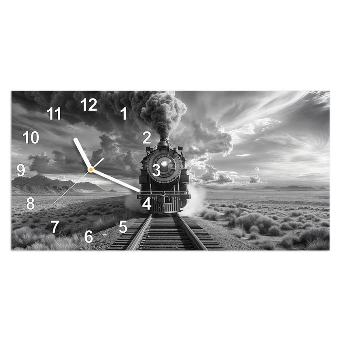 Wanduhr Dampflok in Wüste aus Glas – Querformat 60 × 30 cm mit Ziffernblatt Modern
