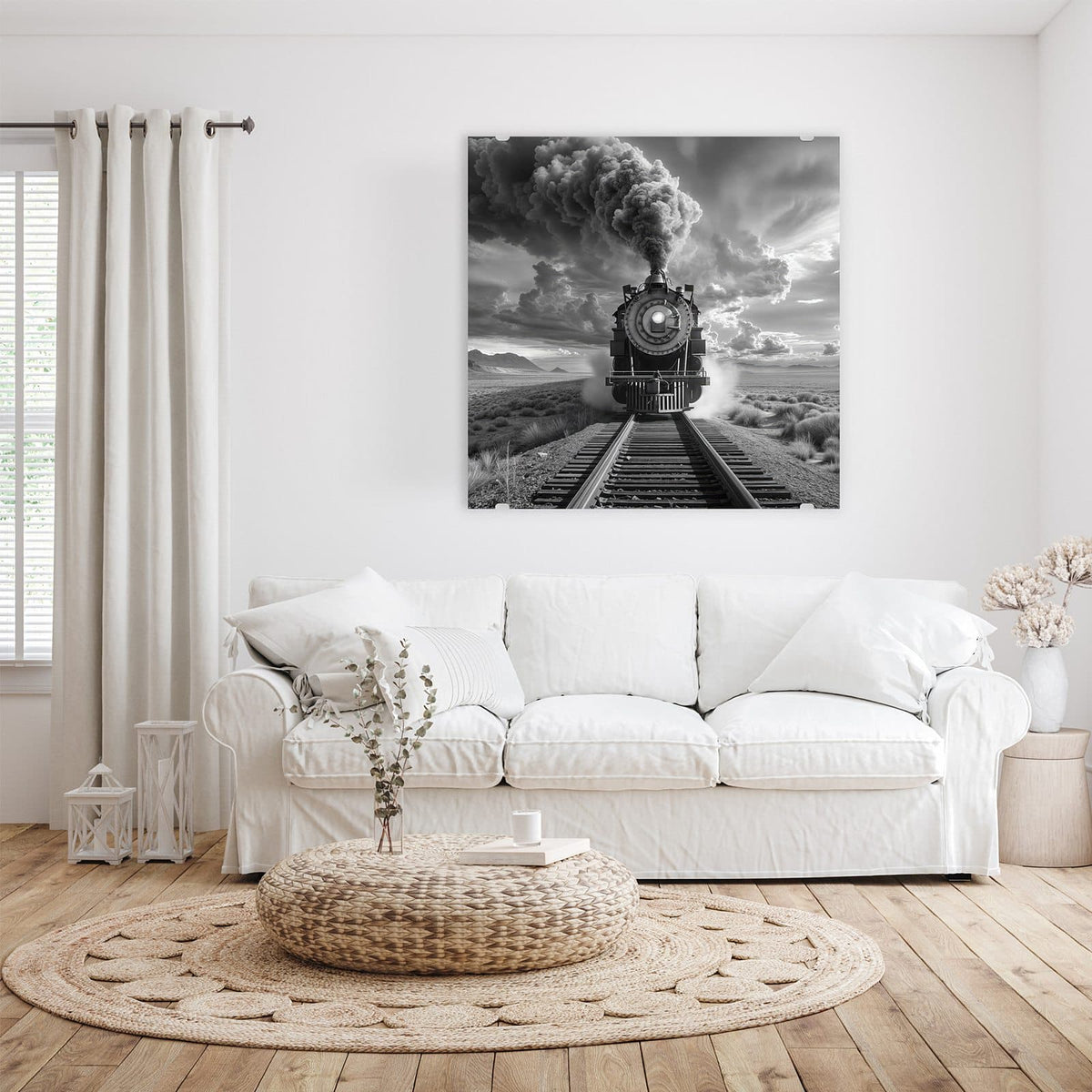 Glasbild Dampflok unter Wolken an der Wand – Schwarzweiß: Dampflok frontal auf Gleisen, riesige Rauchfahne, Grasbüschelebene mit dramatischen Wolken