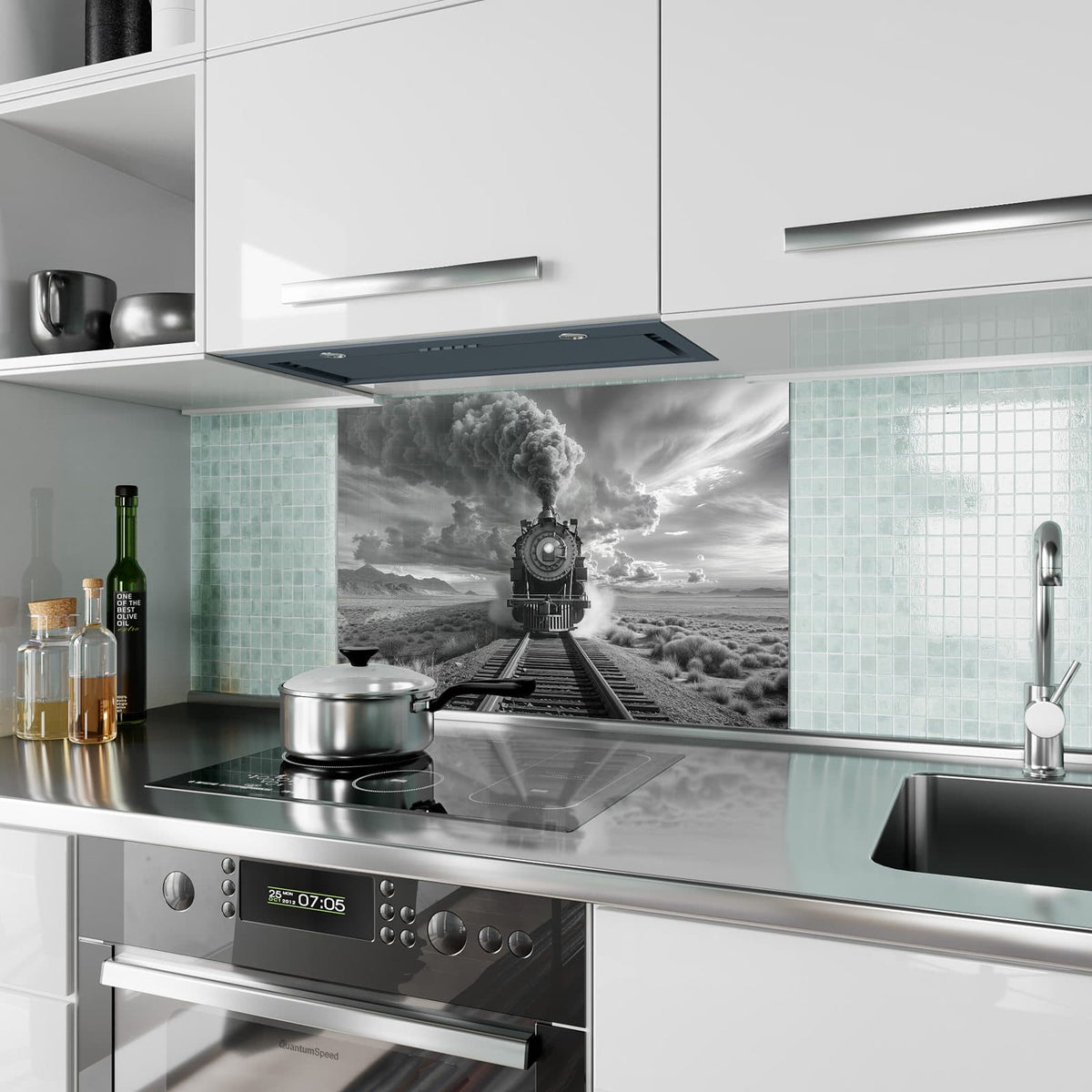 Küchenrückwand aus Glas Dampflok unter Wolken im Hochformat als Spritzschutz hinter dem Kochfeld, über dem Fliesenspiegel montiert