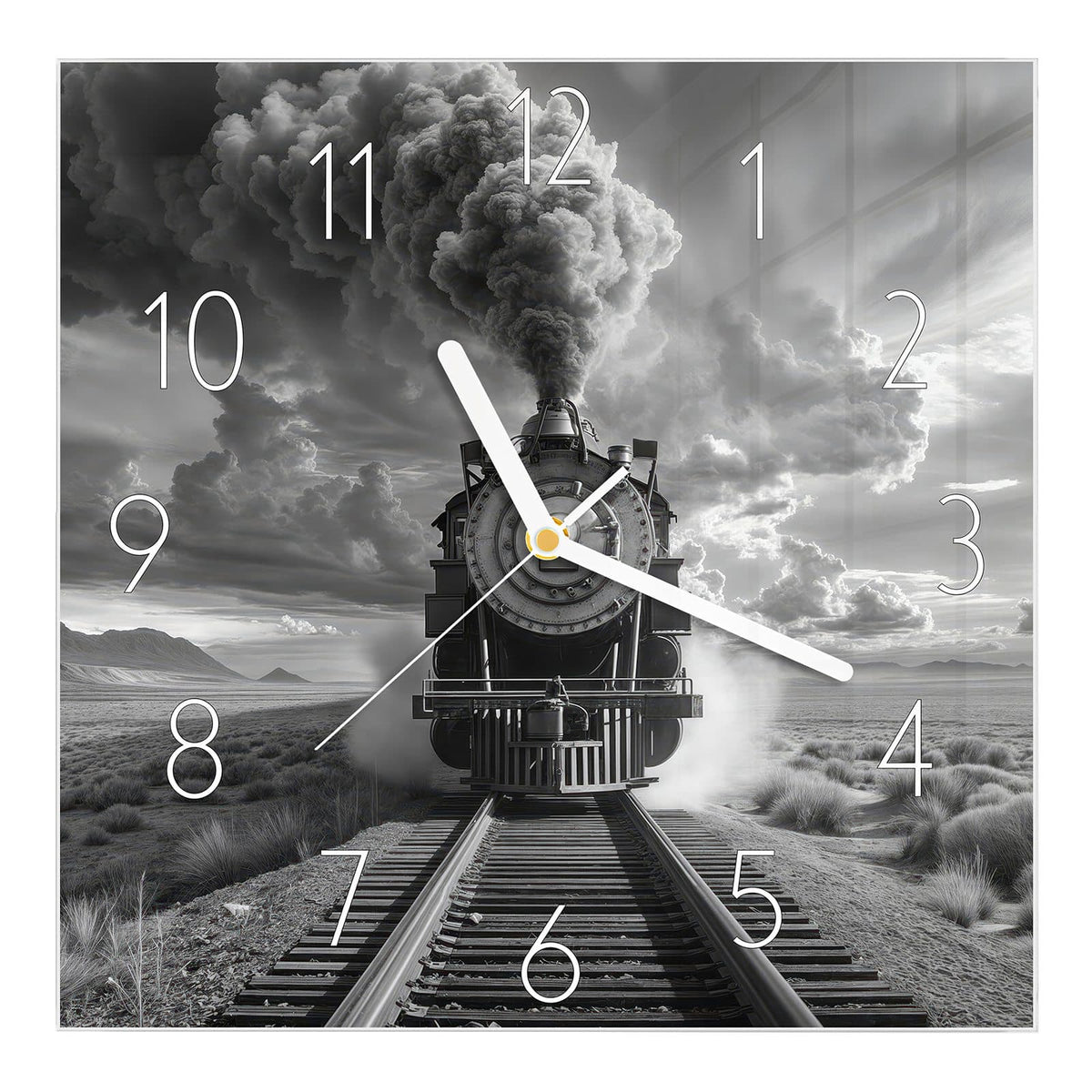 Wanduhr aus Glas, Ziffernblatt Elegant: Schwarzweiß: Dampflok frontal auf Gleisen, riesige Rauchfahne, Grasbüschelebene mit dramatischen Wolken
