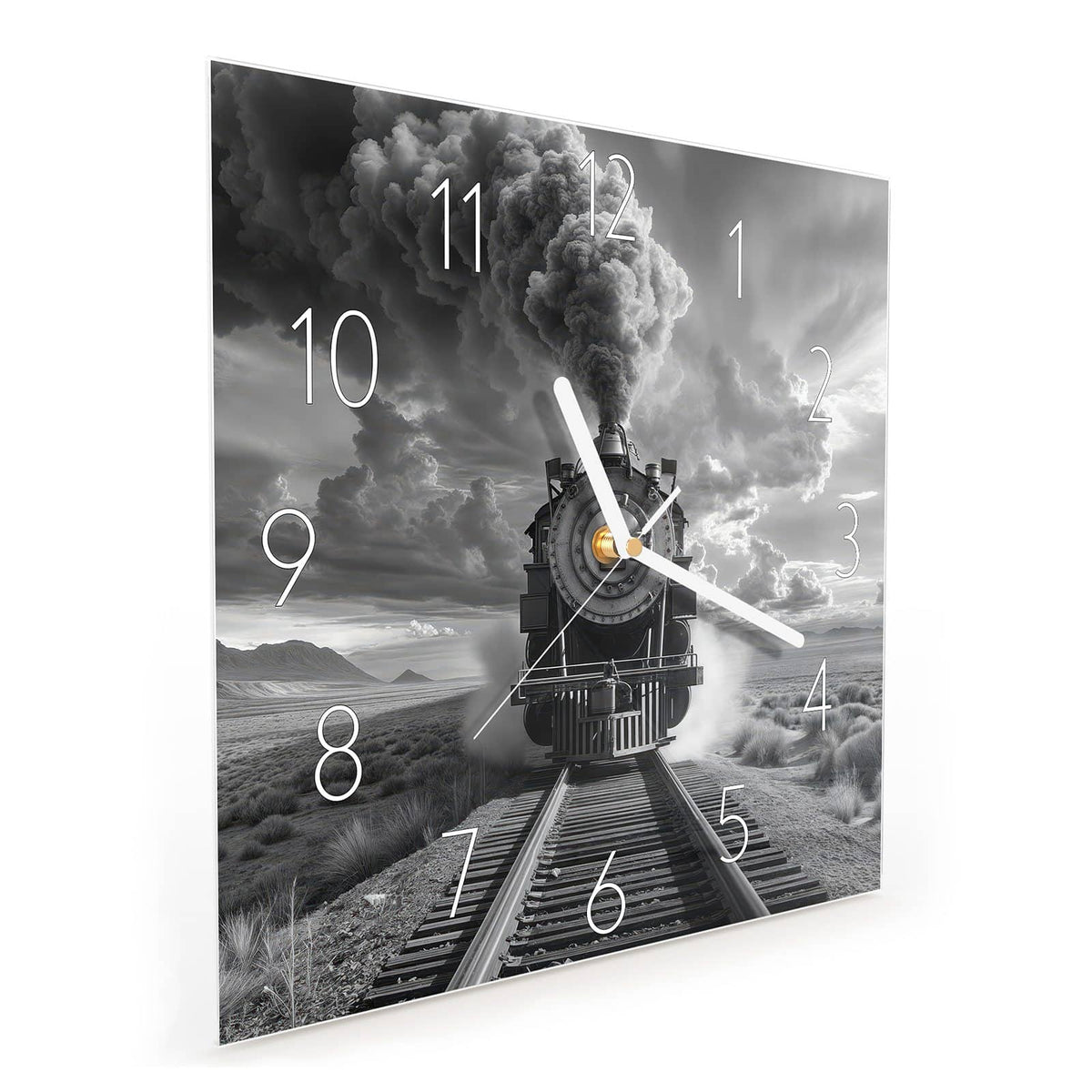 Quadratische Wanduhr aus Glas Dampflok unter Wolken schräg von der Seite, 4 mm starkes Glas