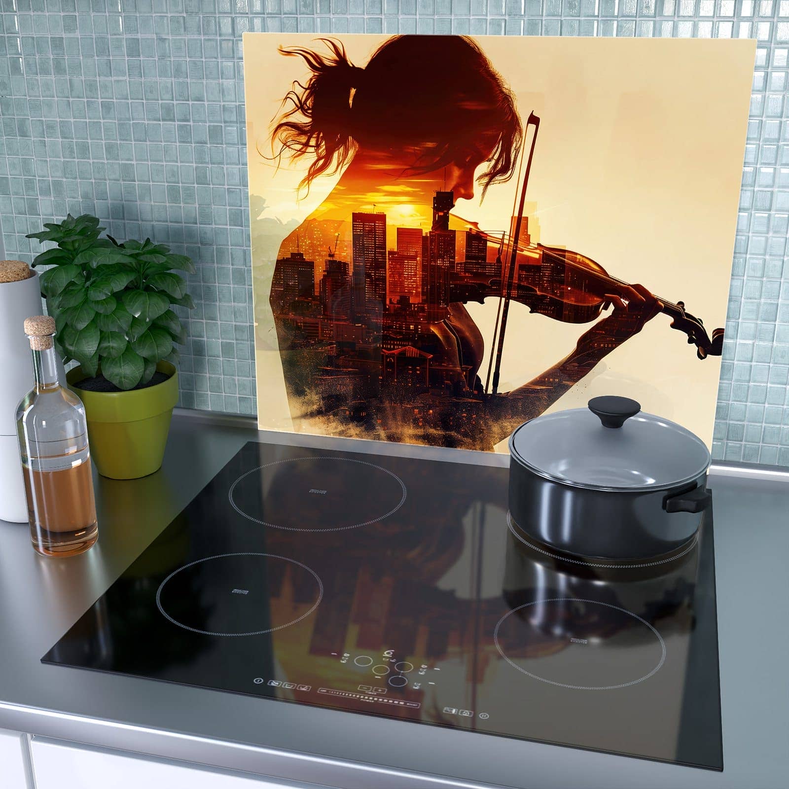 1-teilige Herdabdeckplatten aus Glas mit Geige vor Skyline-Motiv als Spritzschutz hinter dem Kochfeld