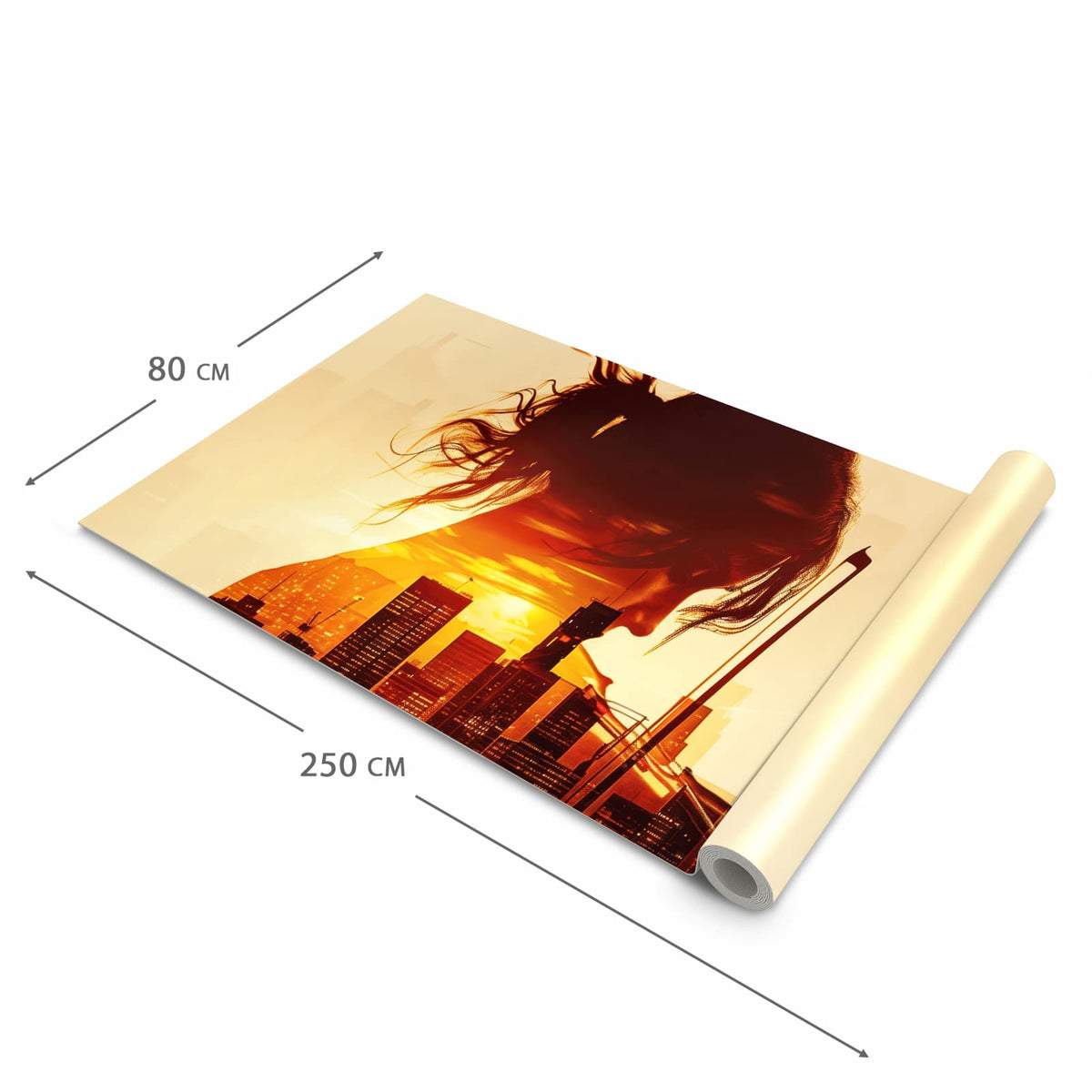 Flacher Küchenläufer mit Motiv Geige vor Skyline in der Grösse 80x250 cm für lange Flure