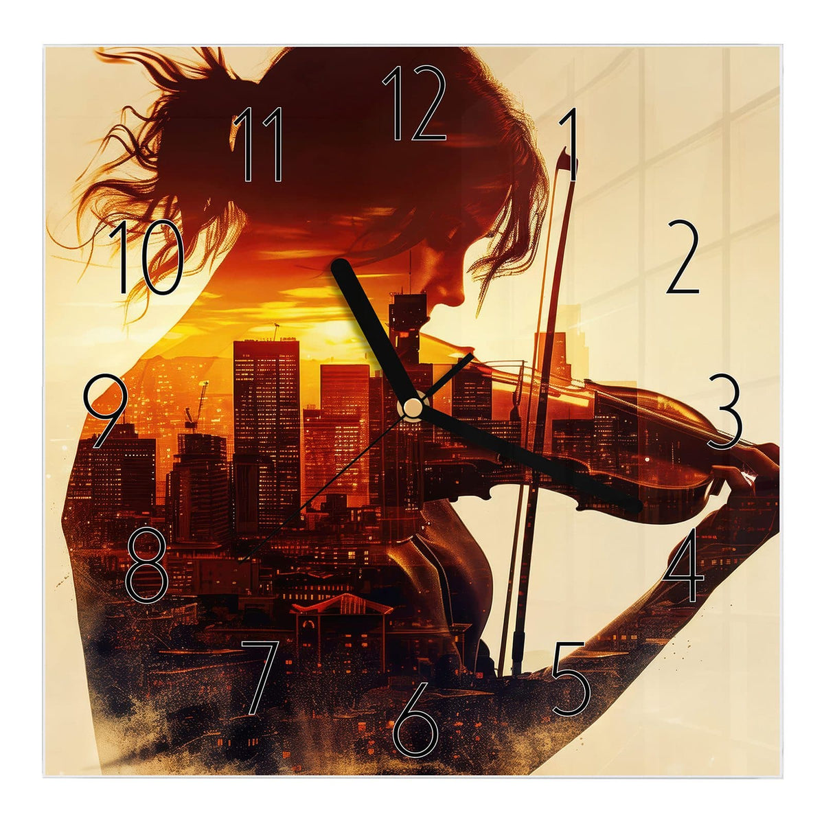 Wanduhr aus Glas, Ziffernblatt Elegant: Doppelbelichtung: Geigerin im Profil, in ihrer Silhouette eine Skyline im Abendrot #ziffernblatt_Elegant