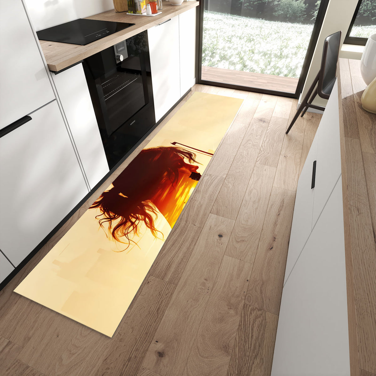 Abwaschbarer Küchenläufer mit Motiv Geige vor Skyline in moderner Küche