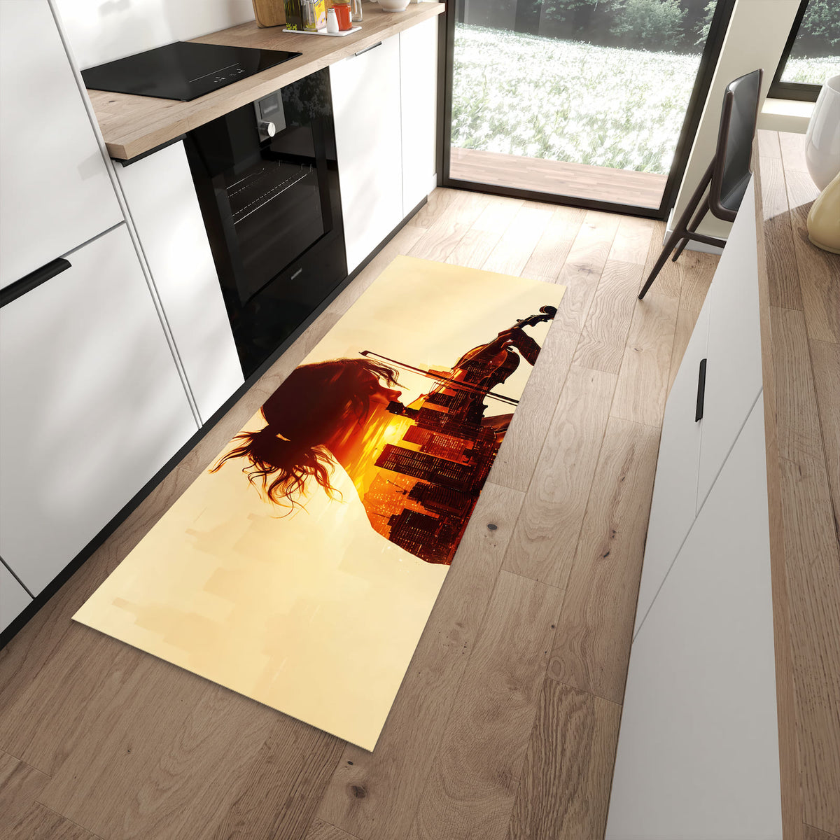 Abriebfester Küchenteppich mit Motiv Geige vor Skyline in moderner Küche