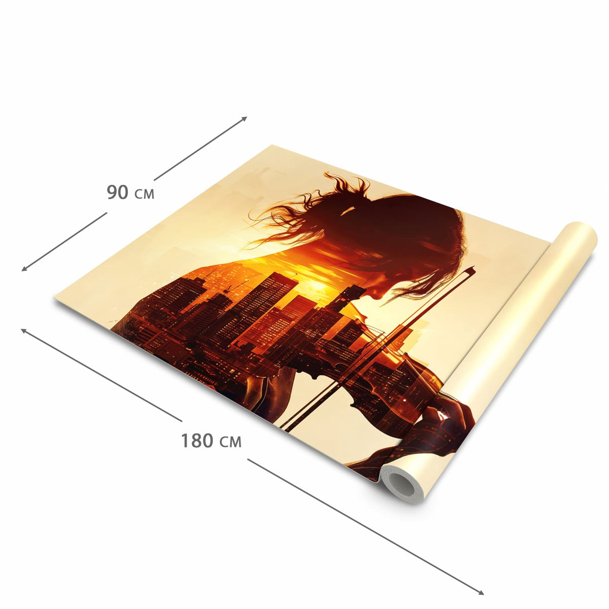 Rutschhemmender dünner Teppich mit Motiv Geige vor Skyline in der Grösse 80x250 cm