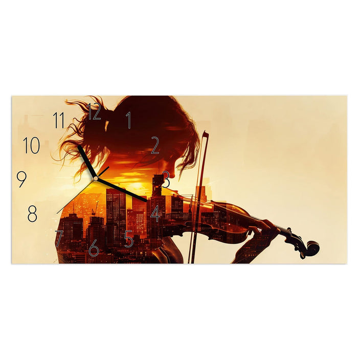 Wanduhr Geige vor Skyline aus Glas – Querformat 60 × 30 cm mit Ziffernblatt Elegant