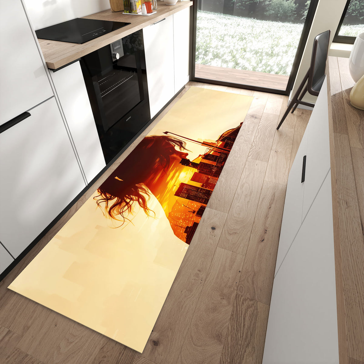 Komfortabler Küchenteppich mit Motiv Geige vor Skyline in moderner Küche